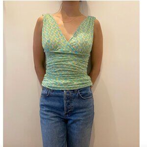 Diane von Furstenberg 100% Silk Blue/Yellow/White Sleeveless Blouse